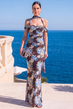 Vestido Maxi Floral Maxi Floral de Veludo Verde Sereia com Gola Alta e Franzida