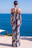 Vestido Maxi Floral Maxi Floral de Veludo Verde Sereia com Gola Alta e Franzida