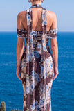 Vestido Maxi Floral Maxi Floral de Veludo Verde Sereia com Gola Alta e Franzida