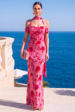 Vestido Maxi Floral Maxi Floral de Veludo Verde Sereia com Gola Alta e Franzida