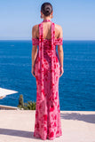 Vestido Maxi Floral Maxi Floral de Veludo Verde Sereia com Gola Alta e Franzida