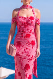 Vestido Maxi Floral Maxi Floral de Veludo Verde Sereia com Gola Alta e Franzida