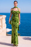 Vestido Maxi Floral Maxi Floral de Veludo Verde Sereia com Gola Alta e Franzida
