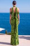Vestido Maxi Floral Maxi Floral de Veludo Verde Sereia com Gola Alta e Franzida