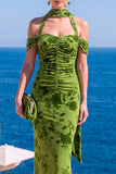 Vestido Maxi Floral Maxi Floral de Veludo Verde Sereia com Gola Alta e Franzida