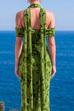 Vestido Maxi Floral Maxi Floral de Veludo Verde Sereia com Gola Alta e Franzida