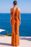 Vestido Maxi Floral Maxi Floral de Veludo Verde Sereia com Gola Alta e Franzida