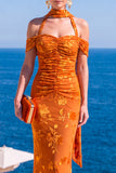 Vestido Maxi Floral Maxi Floral de Veludo Verde Sereia com Gola Alta e Franzida