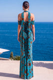 Vestido Maxi Floral Maxi Floral de Veludo Verde Sereia com Gola Alta e Franzida