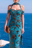 Vestido Maxi Floral Maxi Floral de Veludo Verde Sereia com Gola Alta e Franzida