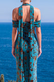 Vestido Maxi Floral Maxi Floral de Veludo Verde Sereia com Gola Alta e Franzida