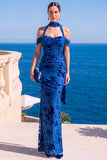 Vestido Maxi Floral Maxi Floral de Veludo Verde Sereia com Gola Alta e Franzida