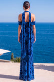 Vestido Maxi Floral Maxi Floral de Veludo Verde Sereia com Gola Alta e Franzida