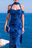Vestido Maxi Floral Maxi Floral de Veludo Verde Sereia com Gola Alta e Franzida