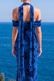 Vestido Maxi Floral Maxi Floral de Veludo Verde Sereia com Gola Alta e Franzida