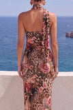 Vestido Maxi Floral Laranja Sereia de Um Ombro