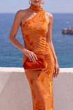 Vestido Maxi Floral Laranja Sereia de Um Ombro
