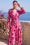 Vestido Midi Floral Midi assimétrico com decote em V em veludo linha A verde e mangas compridas