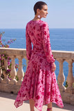 Vestido Midi Floral Midi assimétrico com decote em V em veludo linha A verde e mangas compridas