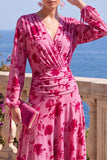 Vestido Midi Floral Midi assimétrico com decote em V em veludo linha A verde e mangas compridas