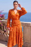 Vestido Midi Floral Midi assimétrico com decote em V em veludo linha A verde e mangas compridas