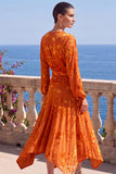 Vestido Midi Floral Midi assimétrico com decote em V em veludo linha A verde e mangas compridas