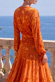 Vestido Midi Floral Midi assimétrico com decote em V em veludo linha A verde e mangas compridas