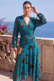 Vestido Midi Floral Midi assimétrico com decote em V em veludo linha A verde e mangas compridas