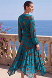 Vestido Midi Floral Midi assimétrico com decote em V em veludo linha A verde e mangas compridas