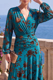 Vestido Midi Floral Midi assimétrico com decote em V em veludo linha A verde e mangas compridas