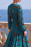 Vestido Midi Floral Midi assimétrico com decote em V em veludo linha A verde e mangas compridas