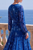 Vestido Midi Floral Midi assimétrico com decote em V em veludo linha A verde e mangas compridas