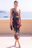 Vestido Midi Bodycon de Um Ombro Flor Azul