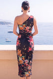 Vestido Midi Bodycon de Um Ombro Flor Azul