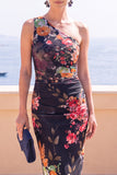 Vestido Midi Bodycon de Um Ombro Flor Azul