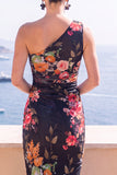 Vestido Midi Bodycon de Um Ombro Flor Azul