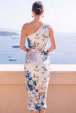 Vestido Midi Bodycon de Um Ombro Flor Azul