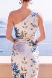 Vestido Midi Bodycon de Um Ombro Flor Azul