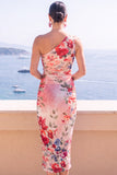 Vestido Midi Bodycon de Um Ombro Flor Azul