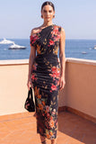 Vestido Café Bodycon Bodycon Franzido Midi Floral Café com Fenda
