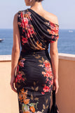Vestido Café Bodycon Bodycon Franzido Midi Floral Café com Fenda