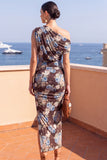 Vestido Café Bodycon Bodycon Franzido Midi Floral Café com Fenda