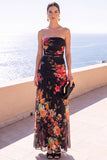 Vestido Floral Maxi de Chiffon Franzido Café Sem Alças