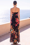 Vestido Floral Maxi de Chiffon Franzido Café Sem Alças