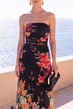 Vestido Floral Maxi de Chiffon Franzido Café Sem Alças