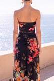 Vestido Floral Maxi de Chiffon Franzido Café Sem Alças