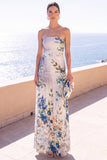 Vestido Floral Maxi de Chiffon Franzido Café Sem Alças