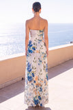Vestido Floral Maxi de Chiffon Franzido Café Sem Alças