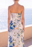 Vestido Floral Maxi de Chiffon Franzido Café Sem Alças
