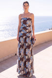 Vestido Floral Maxi de Chiffon Franzido Café Sem Alças